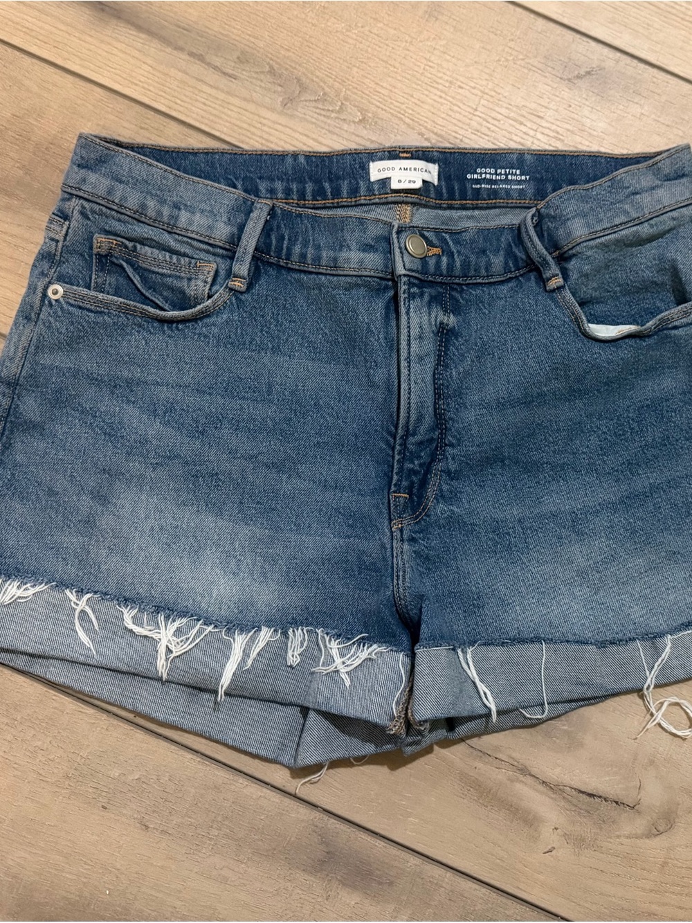 Good American Dark Blue Denim Rolled Fray Hem Shorts